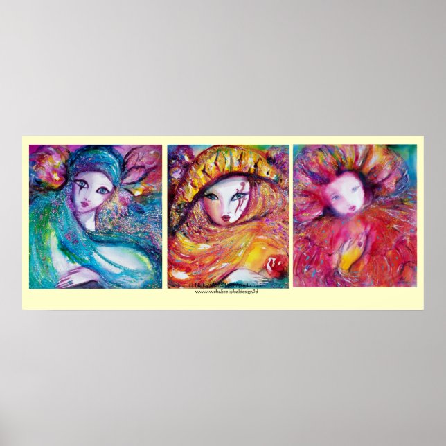 AFFICHES TROIS MASQUES DE CARNAVAL EN BLEU, ROUGE, JAUNE (Devant)