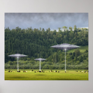 Affiches Trois UFO avec le champ de l'affiche de vaches