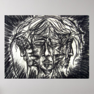 Affiches Trois Visages de Maladie Mentale Dessin au Fusain