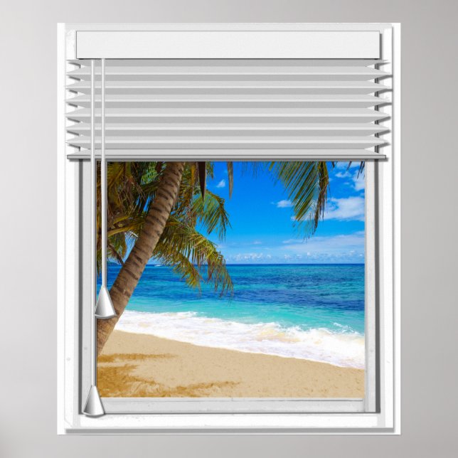 Affiches Tropical Beach Ocean View Fake Window With Blinds (Devant)