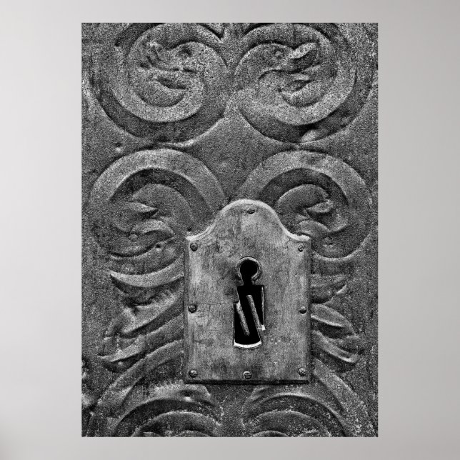 Affiches Trou de serrure dans une porte métallique médiéval (Devant)