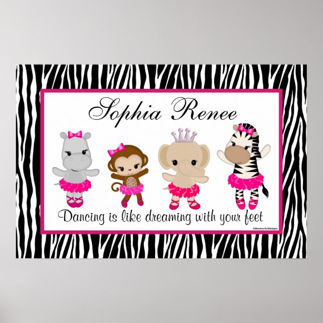 Affiches Tu Tu Cute Ballerina Art Print Monkey Zebra (Devant)
