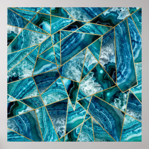 Affiches Turquoise Blue Agate Black Gold Triangle géométriq