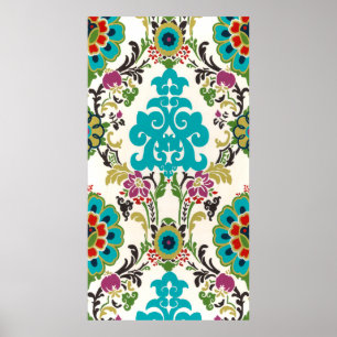 Affiches Turquoise florale de prune de motifs de damassé