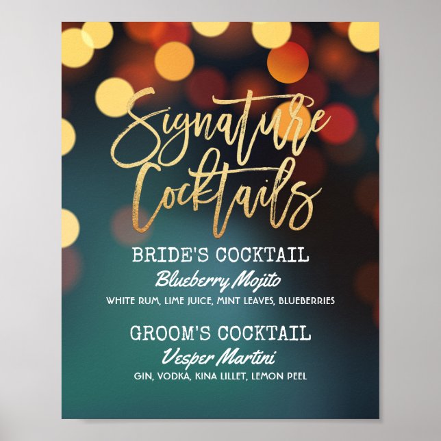 Affiches Turquoise Gold Bokeh Light Mariage Signature Menu  (Devant)