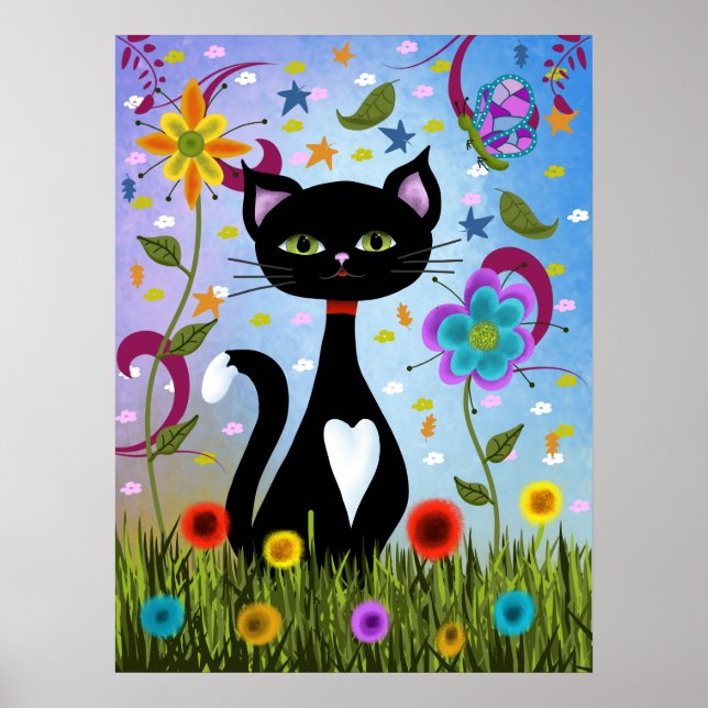 Affiches Tuxedo Chat Assis Dans Un Jardin (Devant)