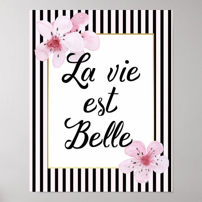 Affiches Typographie française Blossoms rayés noirs et rose (Devant)