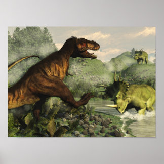 Affiches Tyrannosaurus rex combat contre le styracosaure