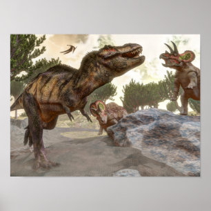 Affiches Tyrannosaurus rex s'échappant de l'attaque des tri