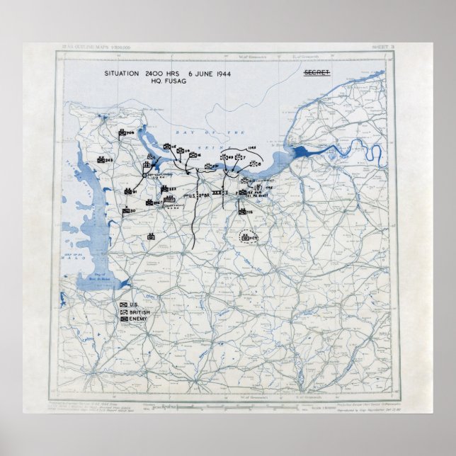 Affiches U.S. 12th Army position map at 2400 on D-Day (Devant)
