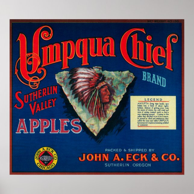 Affiches Umpqua Chief Apple Crate LabelSutherlin, OU (Devant)