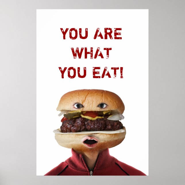 Affiches Un homme de tête de hamburger sur blanc (Devant)