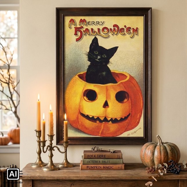 Affiches Un joyeux Halloween par Ellen Clapsaddle, Chat Vin (Vintage illustration Halloween design featuring a black cat or kitten sitting in a jack-o-lantern. )