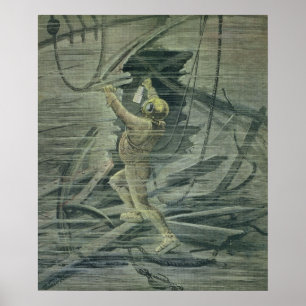 Affiches Un plongeur en mer profonde regardant les épaves