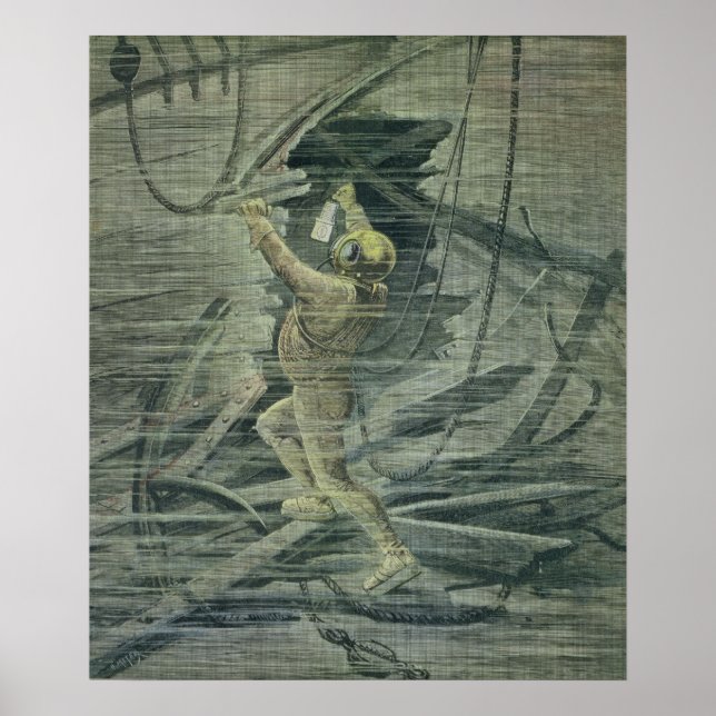 Affiches Un plongeur en mer profonde regardant les épaves (Devant)