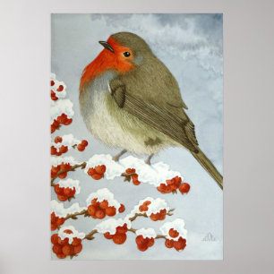 Affiches Un Robin et baies dans la neige