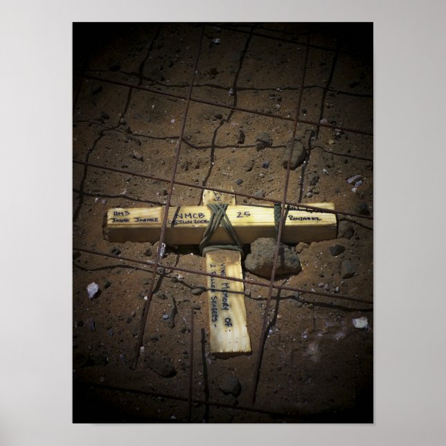 Affiches Une équipe de réparation de route place une croix (Devant)