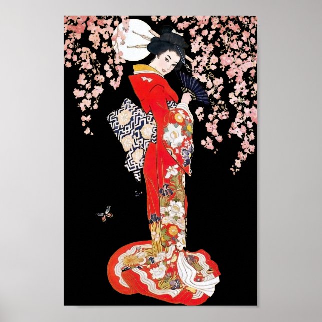 Affiches Une femme asiatique avec une nuit de fleurs de cer (Devant)