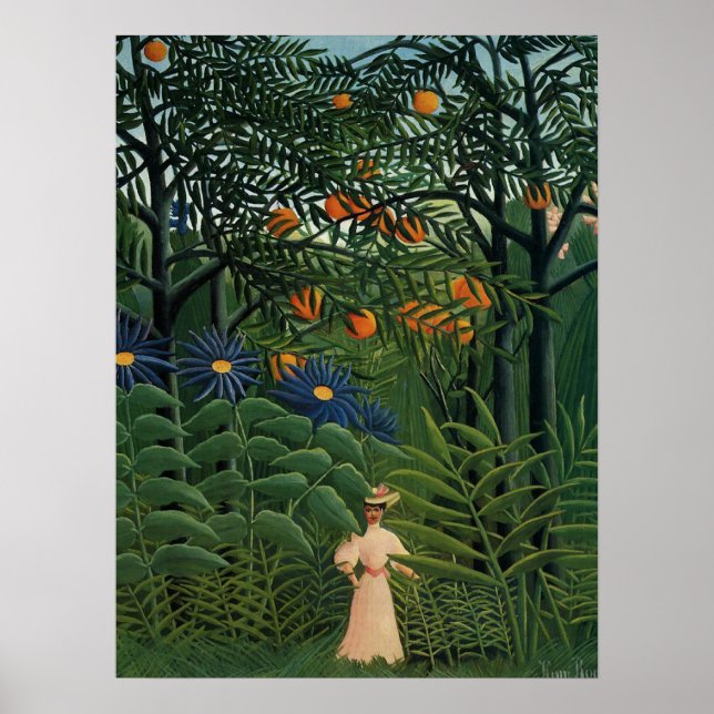 Affiches 'Une femme marche dans une forêt exotique' (Devant)