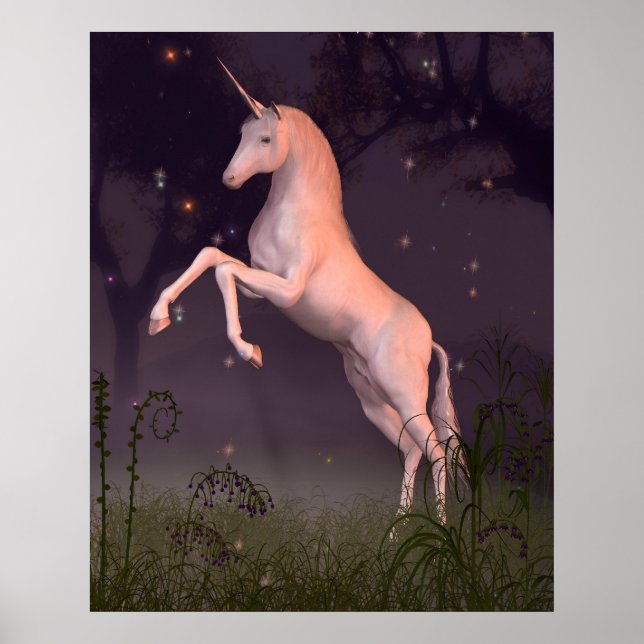 Affiches Unicorne dans une forêt illuminée de Lune (Devant)