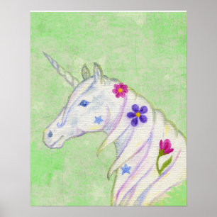 Affiches Unicorne de fleurs sur l'impression d'art vert