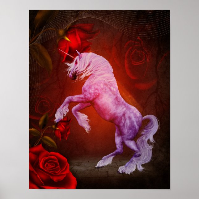 Affiches Unicorne Et Roses Rouges Imaginaire Cheval Art (Devant)