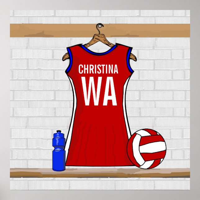 Affiches Uniforme de Custom Netball Red with Blue and White (Devant)