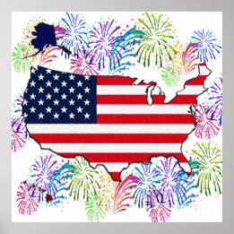 Affiches USA Drapeau carte et feux d'artifice avec texture