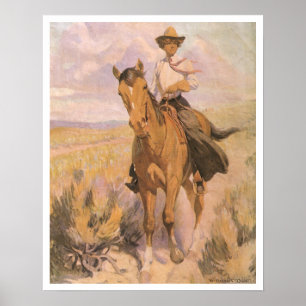 Affiches Vachette Cowgirl Cowboy, Femme à cheval par Dunton