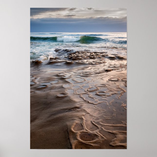 Affiches Vague de rupture sur la plage, Californie (Devant)