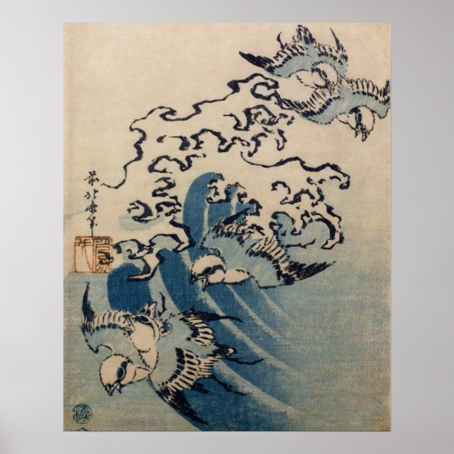 Affiches Vagues et oiseaux, c.1825 (impression en bois coul (Devant)