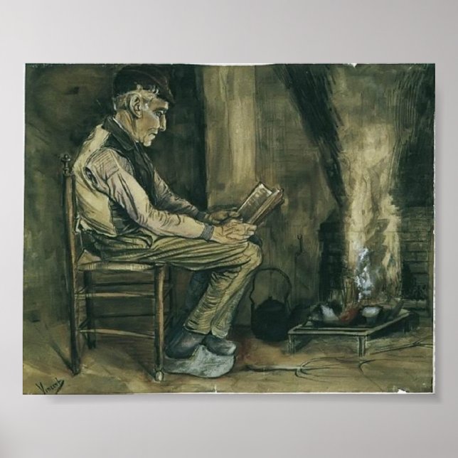 Affiches Van Gogh - Fermier assis au coin du feu, lisant (Devant)