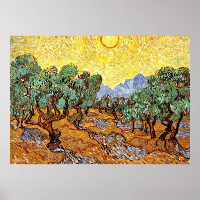 Affiches Van Gogh : Olive Trees with Yellow Sky and Sun (Devant)