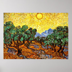 Affiches Van Gogh - Oliviers avec ciel jaune et soleil