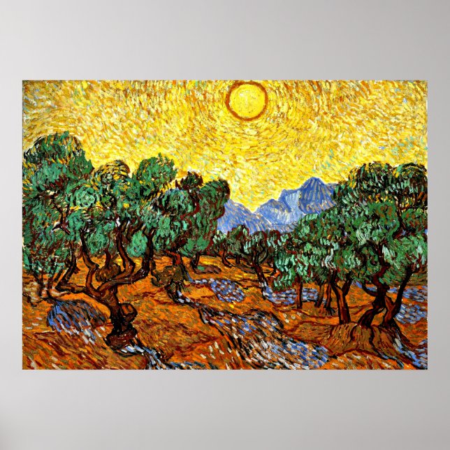Affiches Van Gogh - Oliviers avec ciel jaune et soleil (Devant)