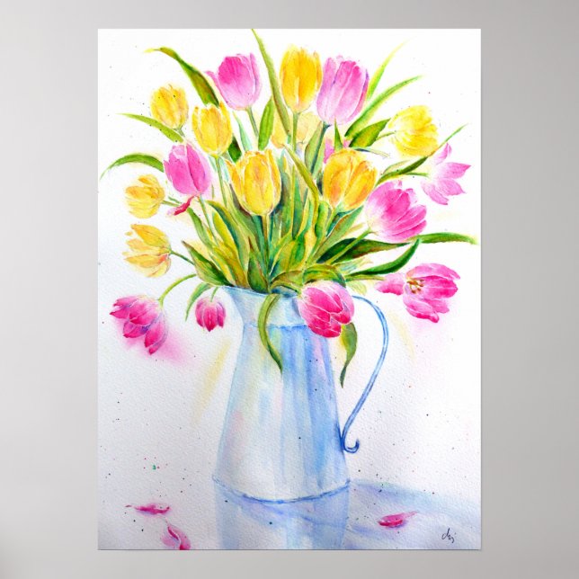 Affiches Vase aquarelle des tulipes (Devant)