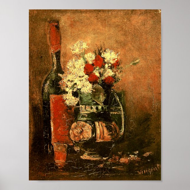 Affiches Vase avec oeillets Roses & Bouteille Van Gogh Fine (Devant)