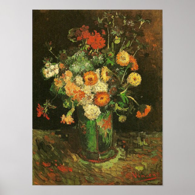 Affiches Vase avec Zinnias & Geraniums Van Gogh Art (Devant)