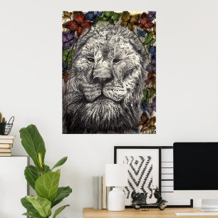 Affiches Vent sous mes ailes Lion Papillons Art animalier