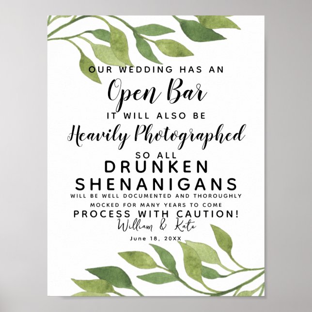 Affiches verdure feuillage Open Bar signe mariage (Devant)