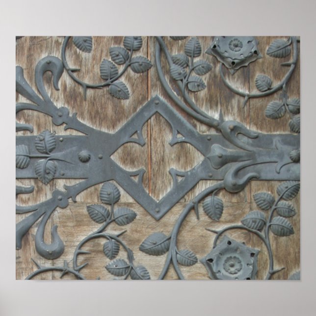 Affiches Verrouillage médiéval en fer sur porte en bois (Devant)