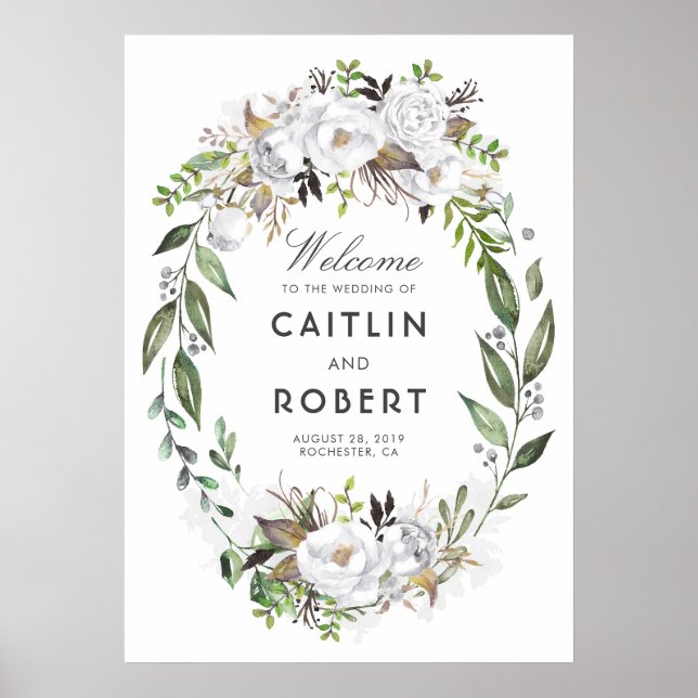 Affiches Vert blanc Floral Romantique Mariage Accueil (Devant)