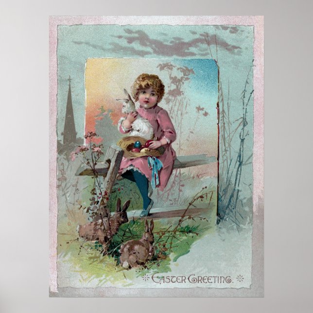 Affiches Victorian Girl on Fence With Easter Rabbits (Devant)