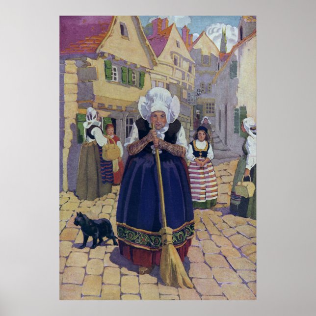 Affiches Vieille Femme, Chat et Balai Comptine (Devant)