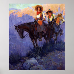 Affiches Vieux Cowboys, Homme et Femme sur des Chevaux, And