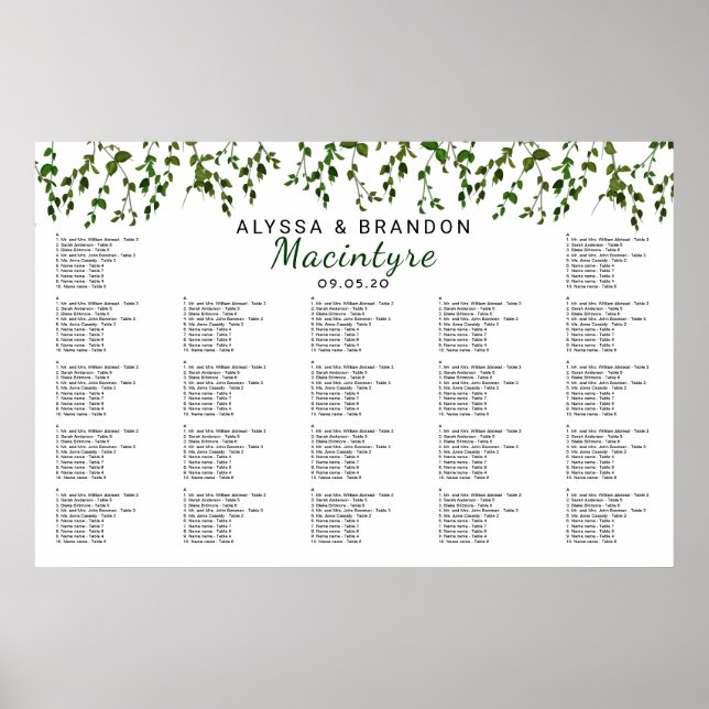 Affiches Vignes vertes Mariage Réception Seating Chart (Devant)
