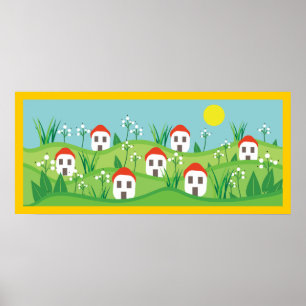 Affiches Village de printemps, toit rouge maisons personnal