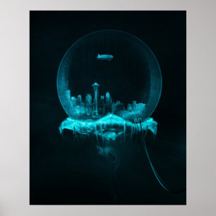 Affiches Ville d'imaginaire dans un Snowglobe avec un
