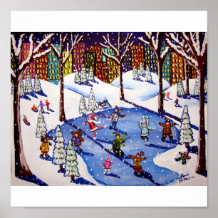 Affiches Ville NYC Patinage sur glace Amusement hiver Folk
