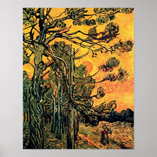 Affiches Vincent Van Gogh - Pins Arbres Contre Un Ciel Roug (Devant)